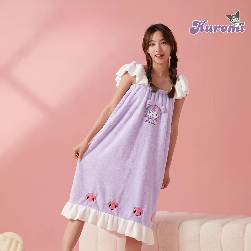 

Anime Sanrio New Kuromi Bath Skirt Pajamas Cartoon Nightwear Soft and Loose Fitting Coral Velvet Kawaii Young Girl Birthday Gift