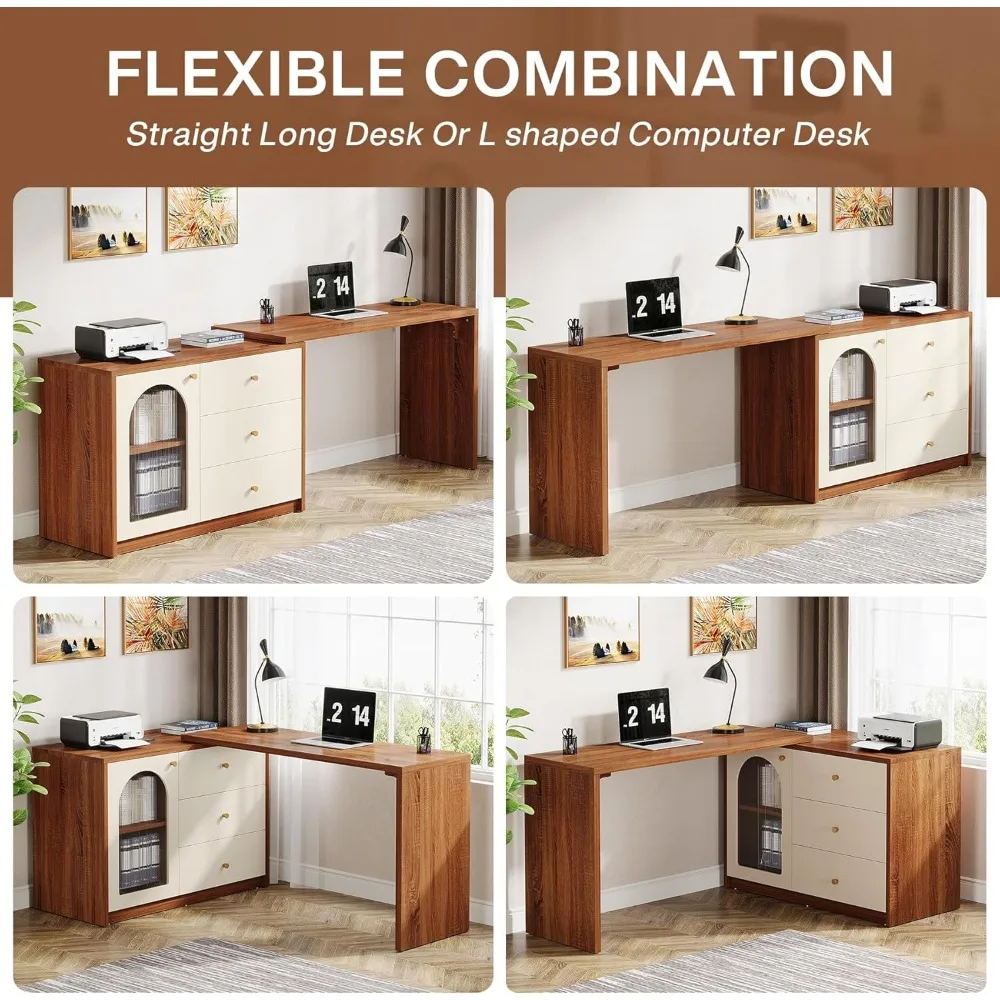 L Shaped Computer Desk with Drawers, Modern Corner Home Office Desk with Reversible Storage Cabinet, Study Writing Desk 6