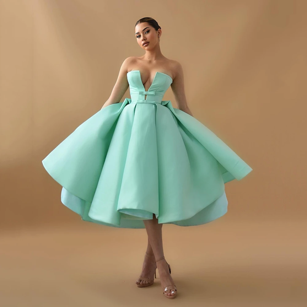 

Fashion V-Neck Sleeveless Prom Dresses Elegant Draped Tea Length A-Line Cocktail Party Gowns Chic Custom Made Evening Dresses