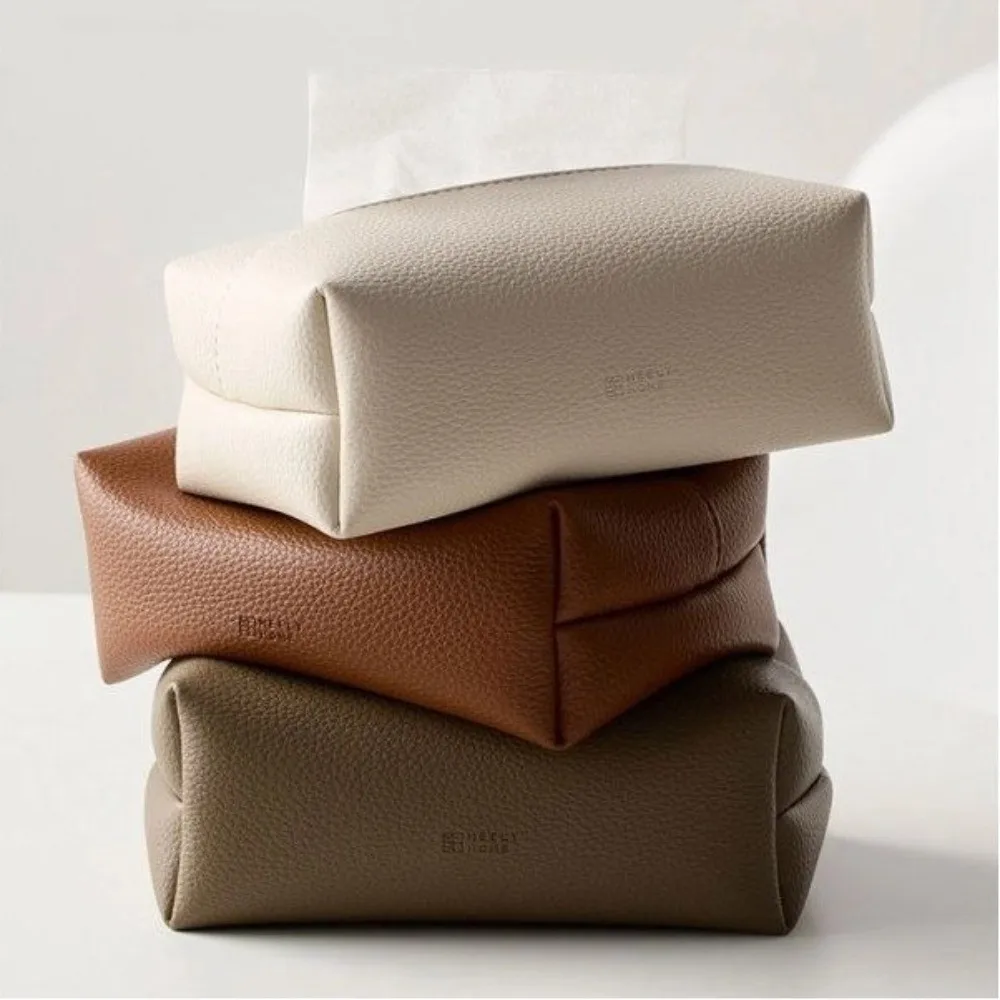Artificial Leather Tissue Box Square Design Solid Color Tissue Storage Box Desktop Decoration Dustproof Tissue Paper Storage Bag