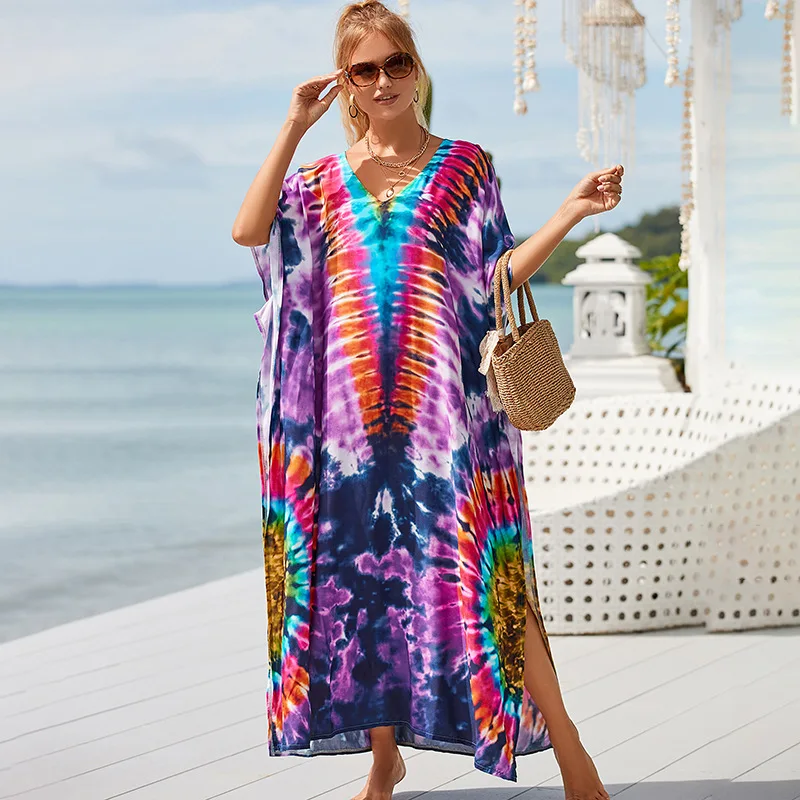 thumbnail image 1 of TEELYNN - Vestido playero de manga corta con estampado de rayón para mujer, caftán informal de verano, estilo bohemio, para playa, bikini de gran tamaño, 2023, 1 of 4