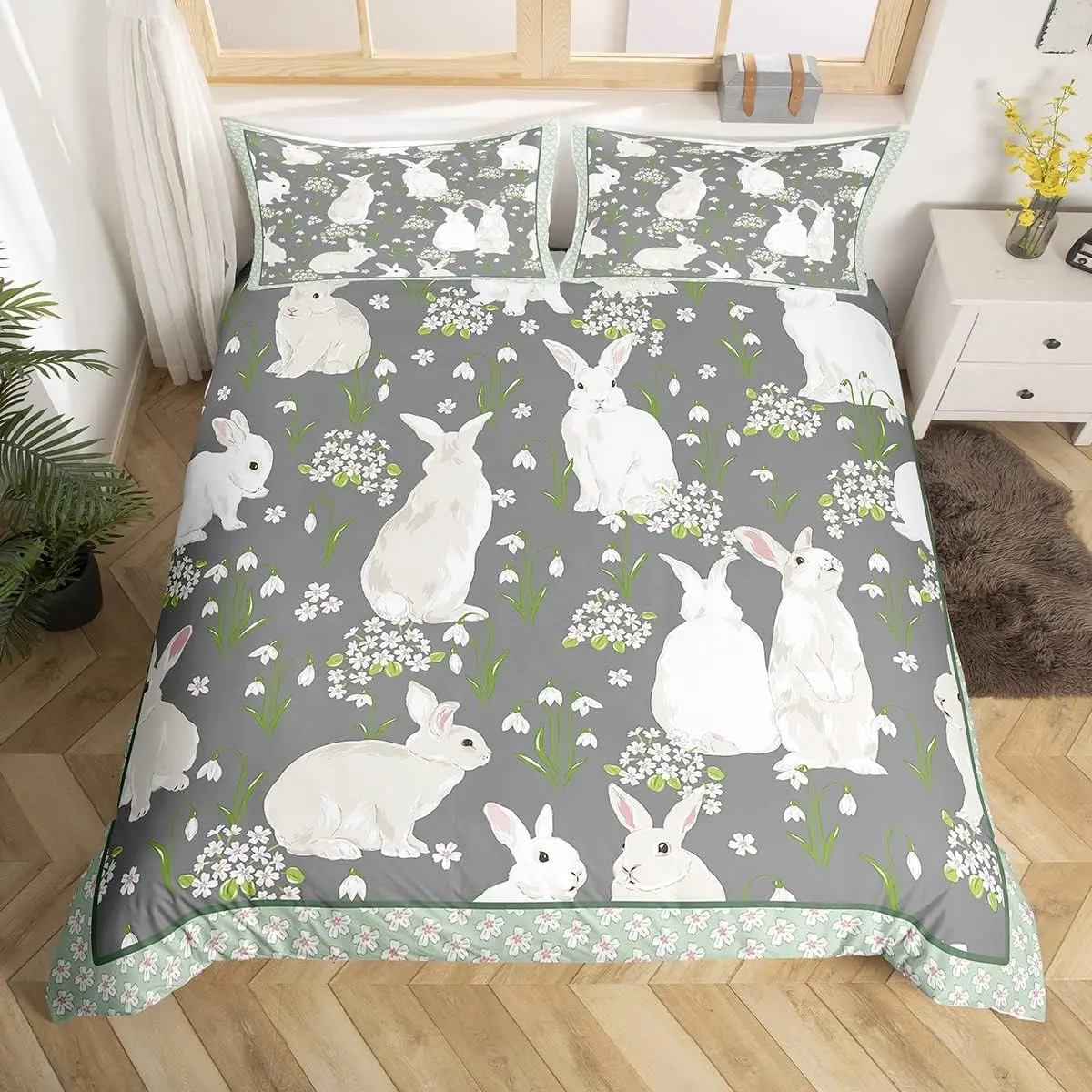 Kawaii Pet Rabbit Duvet Cover Set Full King Spring Botanical Leaves Bedding Set Easter Bunnies Couple Bowknot Print Quilt Cover 2