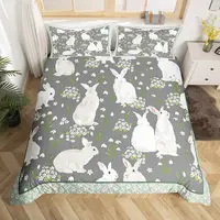 Kawaii Pet Rabbit Duvet Cover Set Full King Spring Botanical Leaves Bedding Set Easter Bunnies Couple Bowknot Print Quilt Cover 2