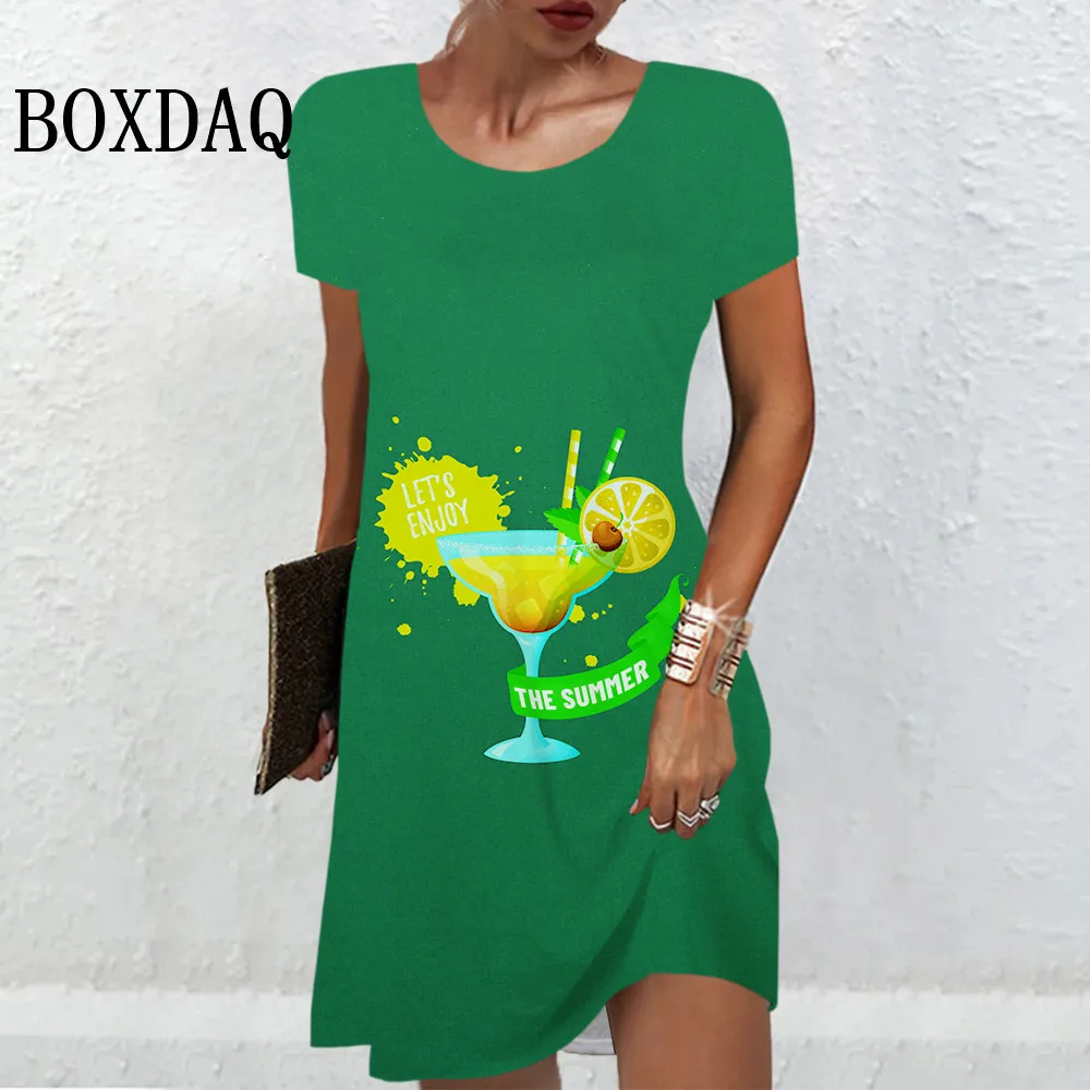

Summer Holiday Fashion Casual Sweet Lemon Dress Women Short Sleeve O-Neck Lemon Juice Printed Loose A Line Mini Dress Vestidos