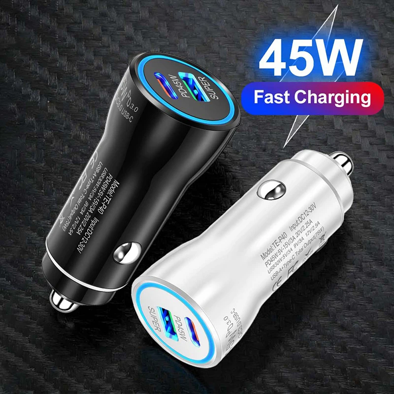 고속 차량용 충전기 PD 45W QC 3.0 듀얼 포트 USB C & A 시거잭 어댑터 (LED 라이트 포함) 스마트폰 태블릿 아이폰 17용