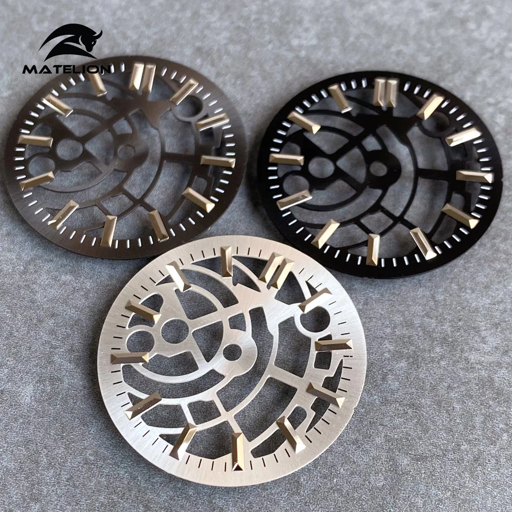 MATELION Black Silver 29mm Skeleton Hollow Watch Dial