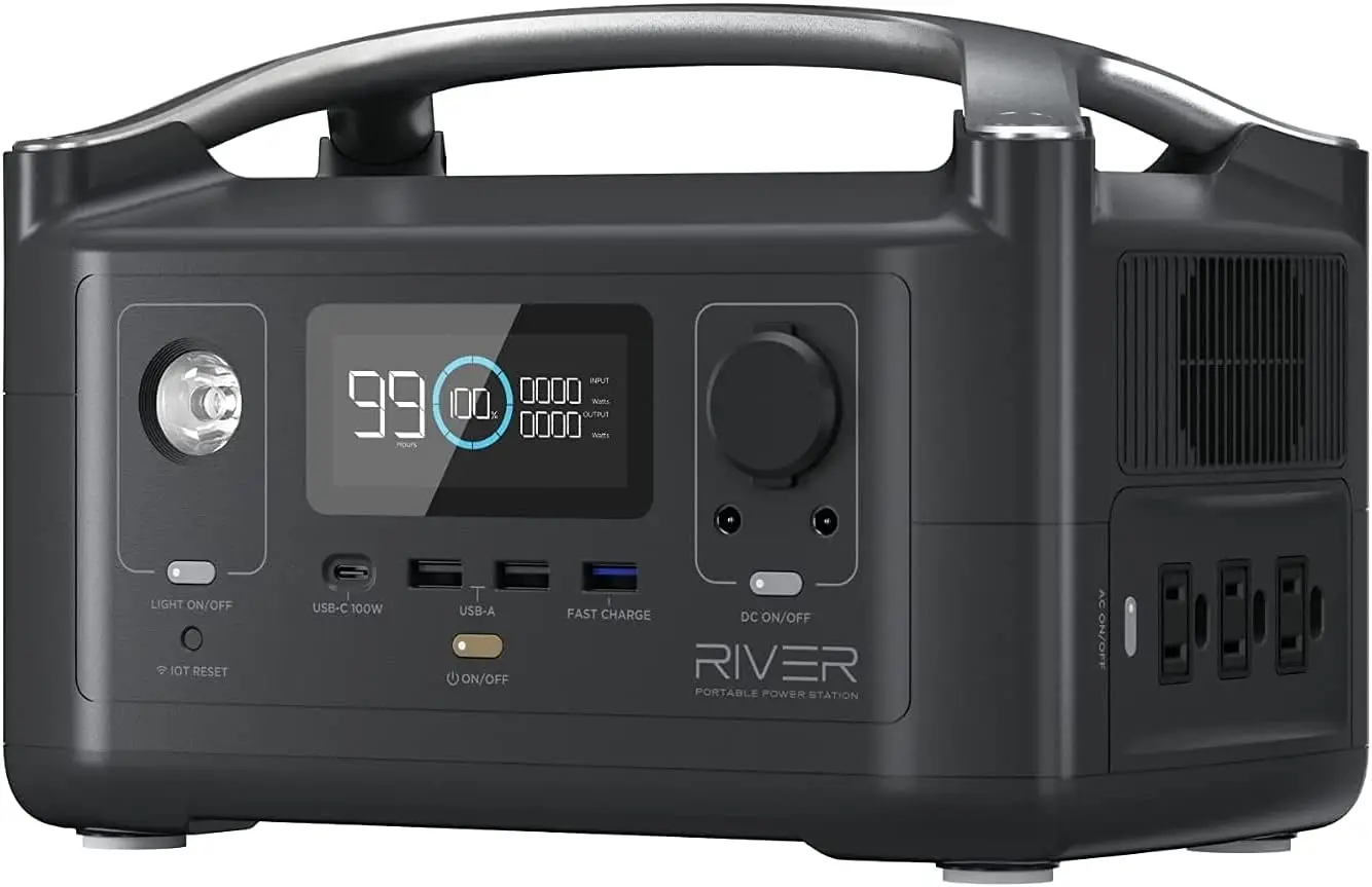 

EF ECOFLOW RIVER 288Wh Portable Power Station,3 x 600W(Peak 1200W) AC Outlets & LED Flashlight, Fast Charging Silent Solar