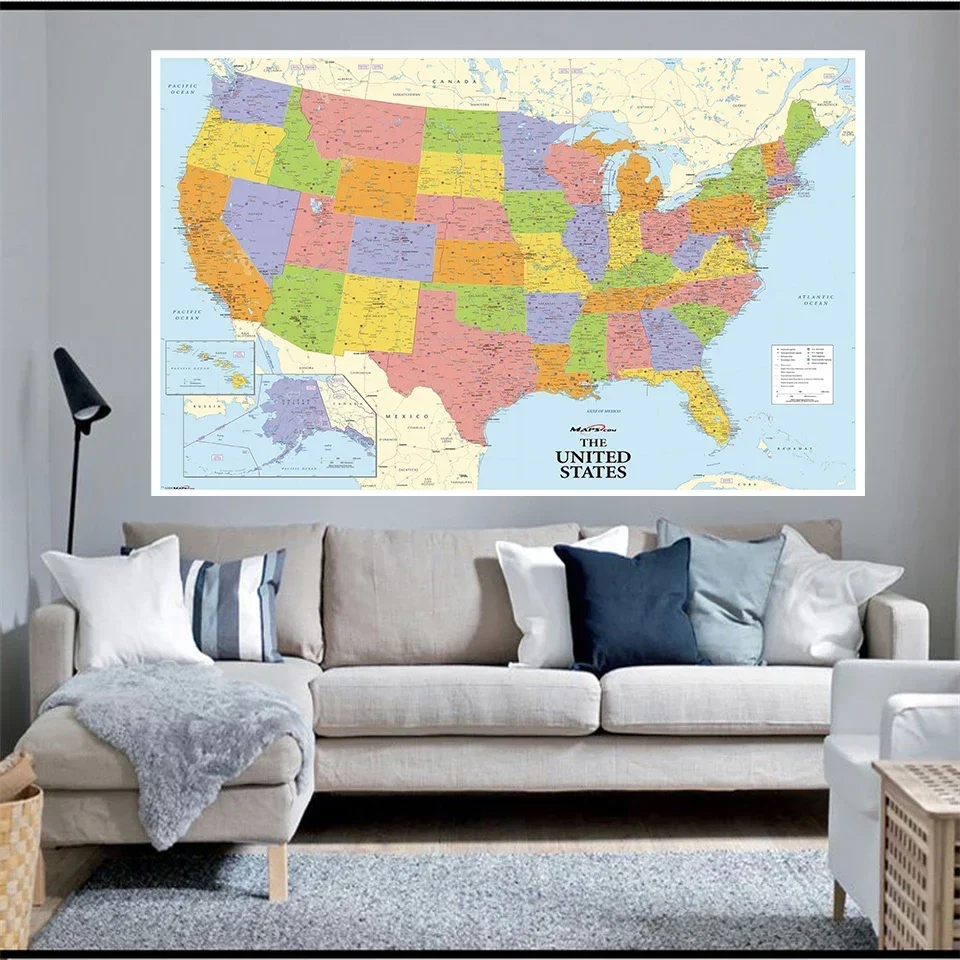 225*150 Cm The United State Map Non-woven Canvas Printing Detailed Map Large Poster Education Supplies Home Decoration world map poster