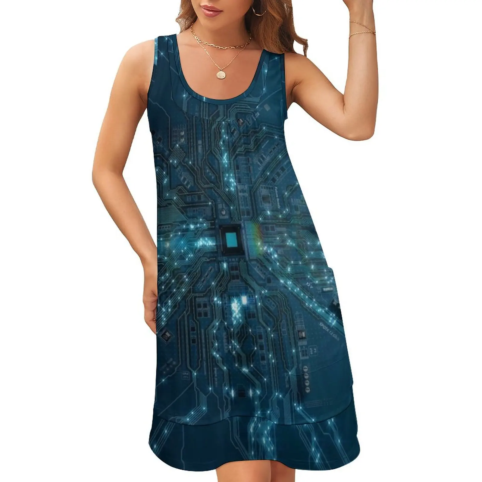 

Светящиеся огни проходят по дорожкам будущего готовое печатная плата без рукавов U-образный вырез поддельная юбка из двух частей летняя юбка