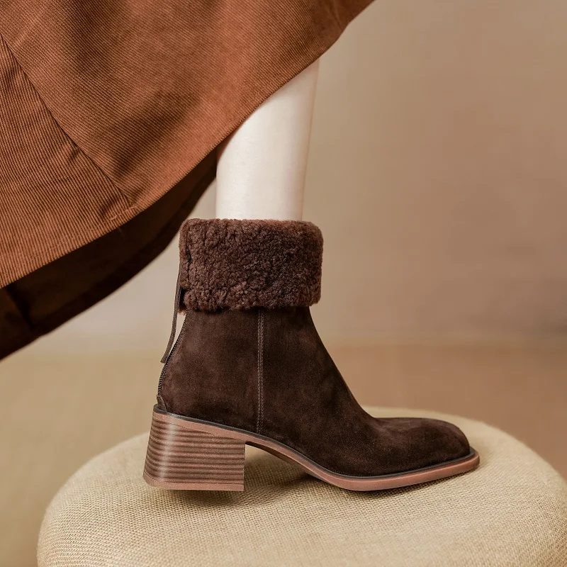 

Women's Ankle Boots Thick Heel Woman Warm Short Boots Suede Genuine Leather Ladies Retro Shoes On Heel Ladies Shoes Back Zip