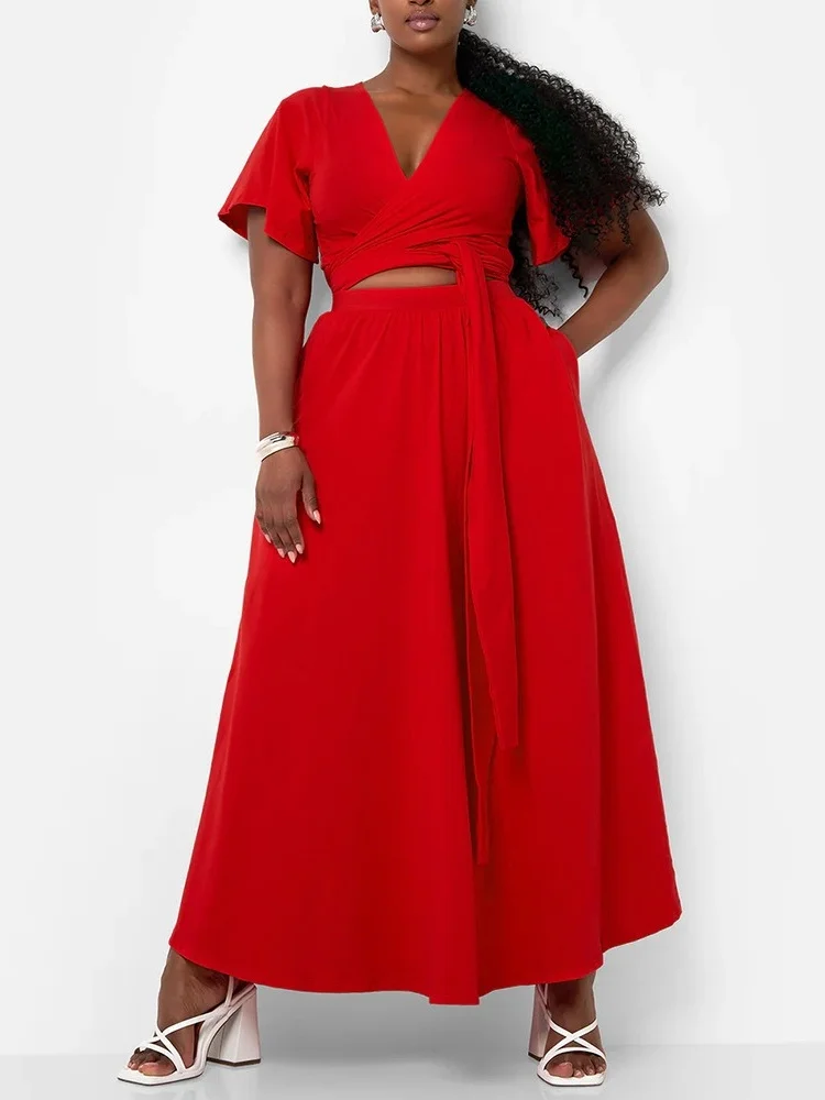 Wmstar Plus Size Two Piece Dress Sets Wholesale Flared Sleeve Sexy V Neck Top and Maxi Big Swing Skirts Dropshipping Summer