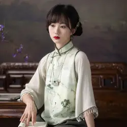 Qipao – hauts imprimés en mousseline de soie pour femme, col montant avec pompons, Style chinois rétro, grandes tailles, été, 2022 