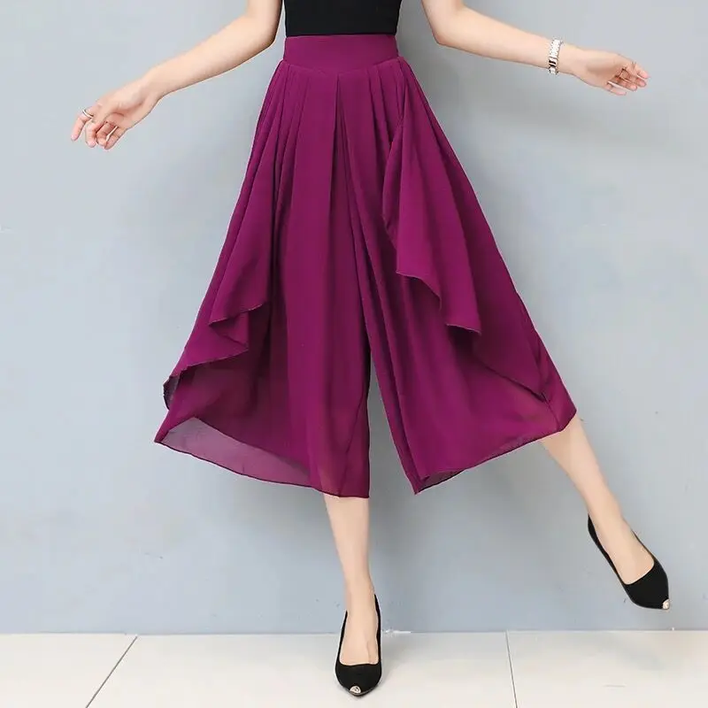 Women's Summer Capris Chiffon Breathable Wide Leg Pants Solid Color Oversized High Waist Loose Casual Pantskirt