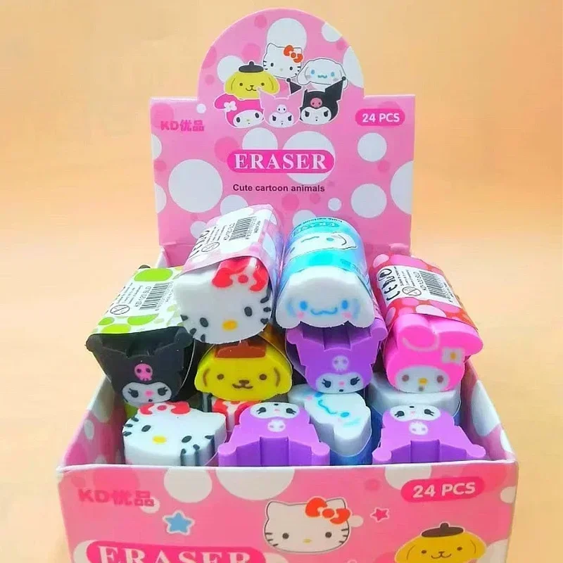 

Sanrio 12/24pcs Cartoon Eraser Cute Kuromi Cinnamoroll Hello Kitty Kawaii Strip Cutable Rubber School Stationery For Children