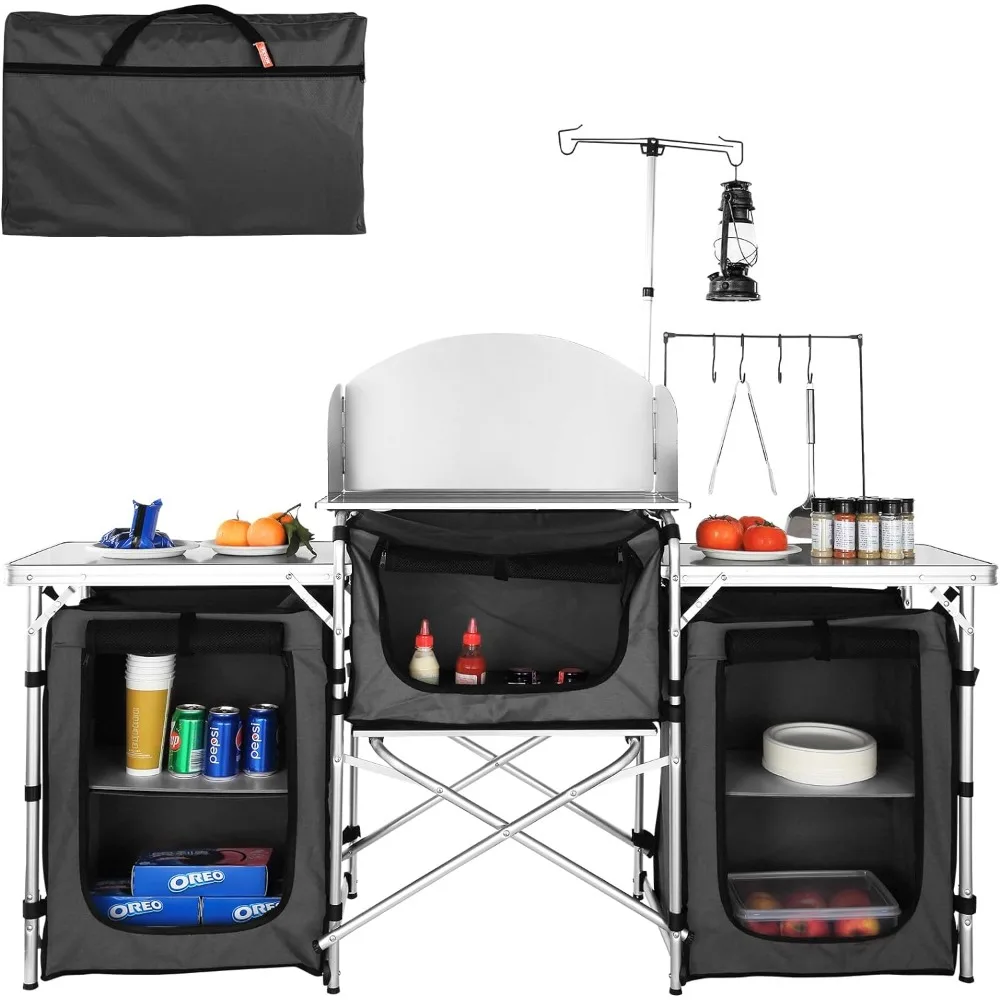 

Camping Kitchen Table, Aluminum Portable Folding Camp Cook Table with Windshield,3 Cupboard,Storage Organizer,Quick Installation