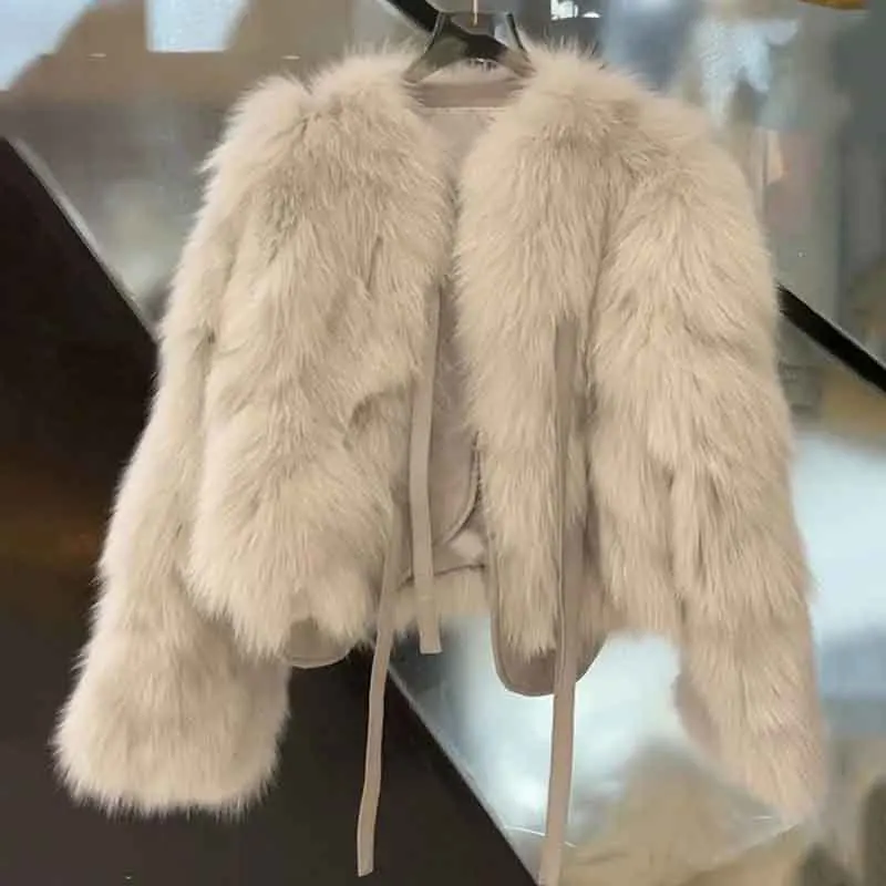 Autumn Faux Fur Crop Coat Women Y2K Fashion Streetwear O Neck Fluffy Short Fur Jacket Korean Elegant Lace Up Faux Fox Fur Parkas 2