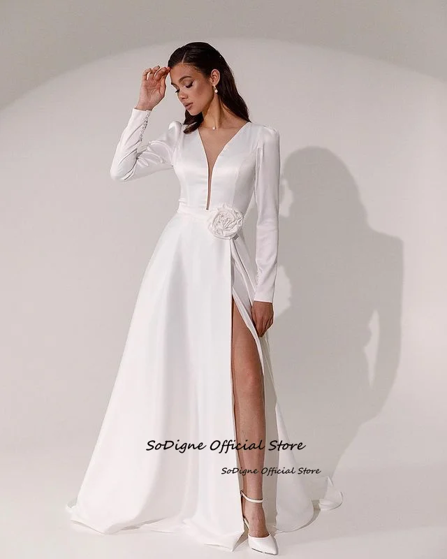 SoDigne A-line Elegant Wedding Dresses V-neck Full Sleeves Stain Bridal Dress Long Bridal Gown vestidos de novia 2025 Customized 14 S56f78d834003461b8e9867607a4c3b991