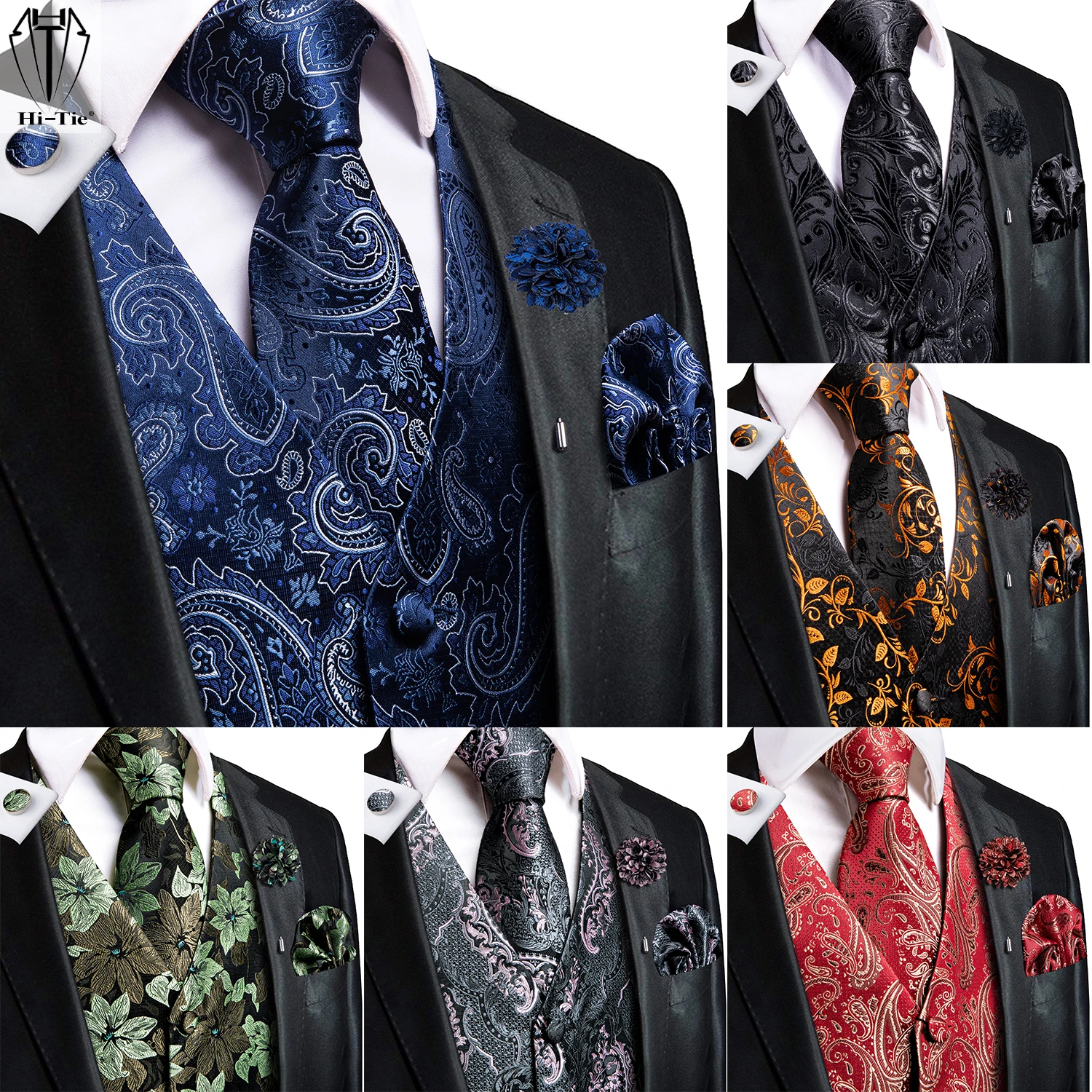 Hi-Tie Champagne Vest Solid Men's Waistcoat Tie Hanky Cufflinks Set main image 1
