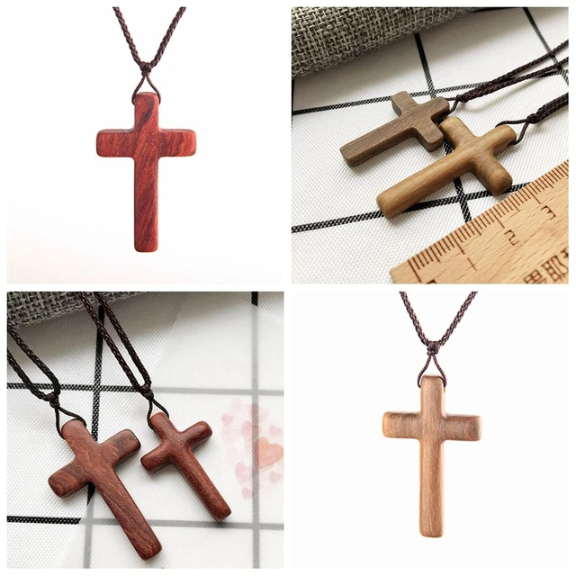 Hand Carved Tapered Wooden Cross Necklace for Men & Women on Adjustable Long Leather Cord - Available in Black or Brown - Wood Cross Pendant Gift