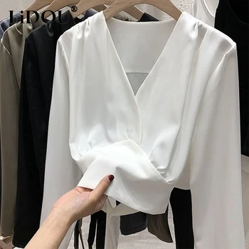 여성용 긴팔 레이스 업 풀오버, 우아한 단색 셔츠, 올 매치 블라우스 상의, 봄 여름 패션