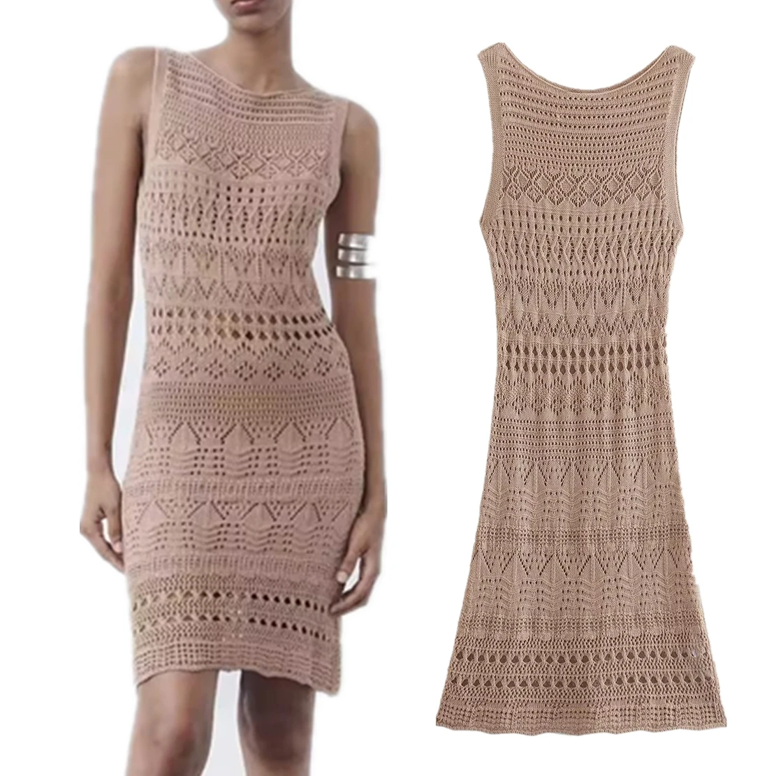 

Withered French Cutout Sexy Fashion Ladies Tight Knit Dress Party Champagne Sleeveless Dress Women