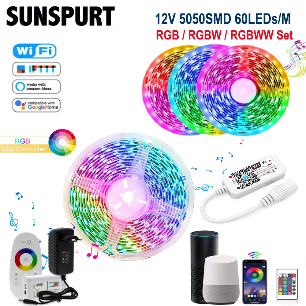 

Умная Светодиодная лента 5-20 м WiFi RF2.4G, 12 В постоянного тока, RGB / RGBW/RGBWW, гибсветильник вая лента RGB с пультом дистанционного управления и адаптером питания