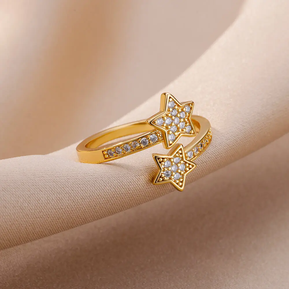 Zircon Double Star Rings Gold Color Stainless Steel Opening Stars Finger Ring