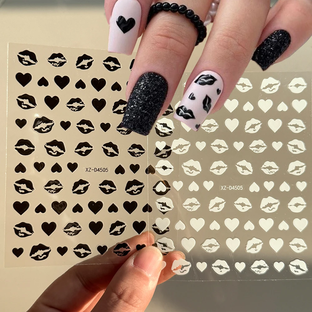 2장 섹시한 흑백 키스 입술 하트 네일 스티커 3D 발렌타인 데이 사랑 입술 셀..