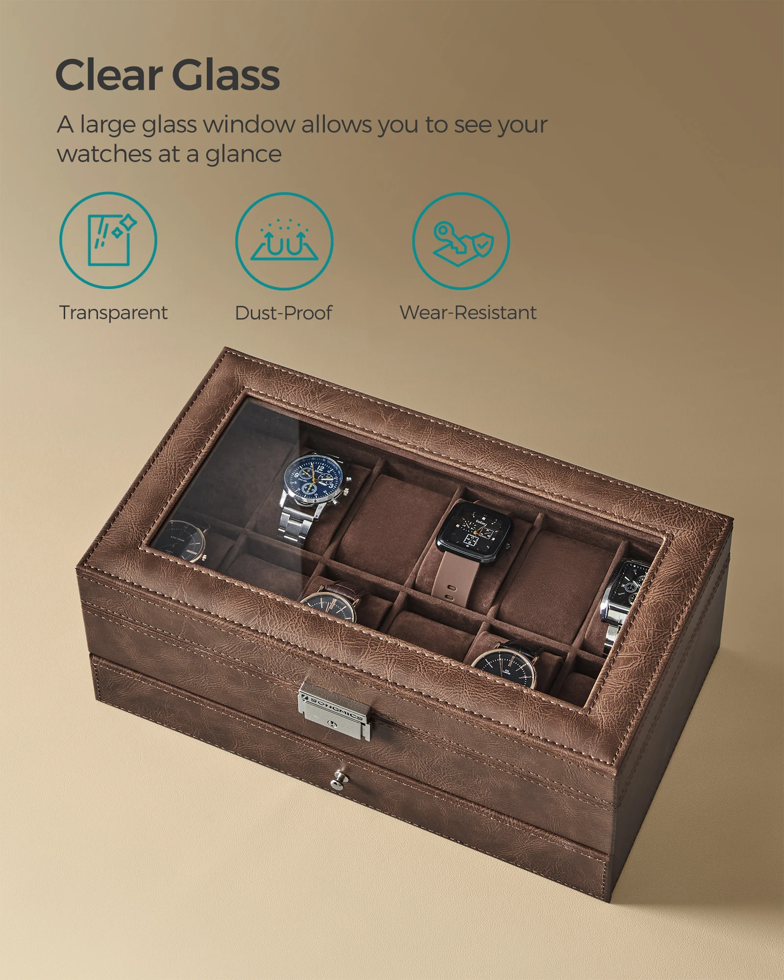 12-Slot Watch Box with Lockable Glass Lid and 2-Layer Design, Velvet-Lined Jewelry Stor... - SKU JDC01052 - UGI Packaging