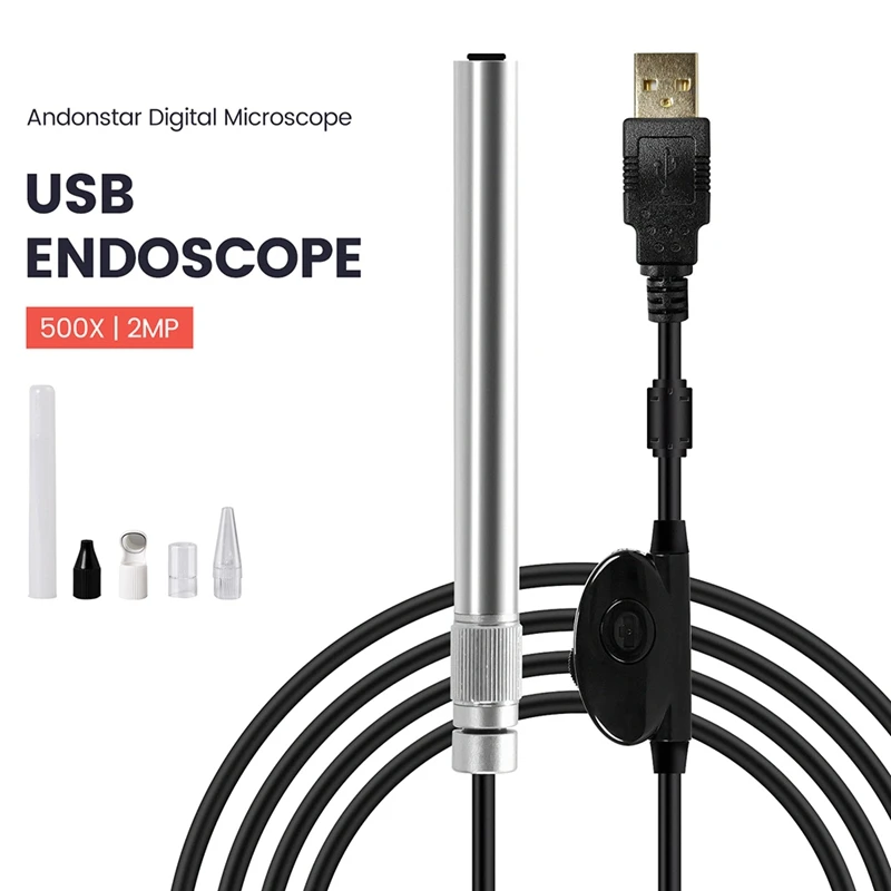 Andonstar USB 내시경 현미경 카메라 1-500X 배 2MP 8 LED HD 돋보기 동전 용 금속 호스 현미경 PCB 납땜 PC