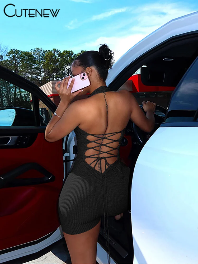 Halter Solid Playsuits Women Hipster Simple Drawstring Backless Bandage Skinny Overalls Female Classic Basic Sporty Wear