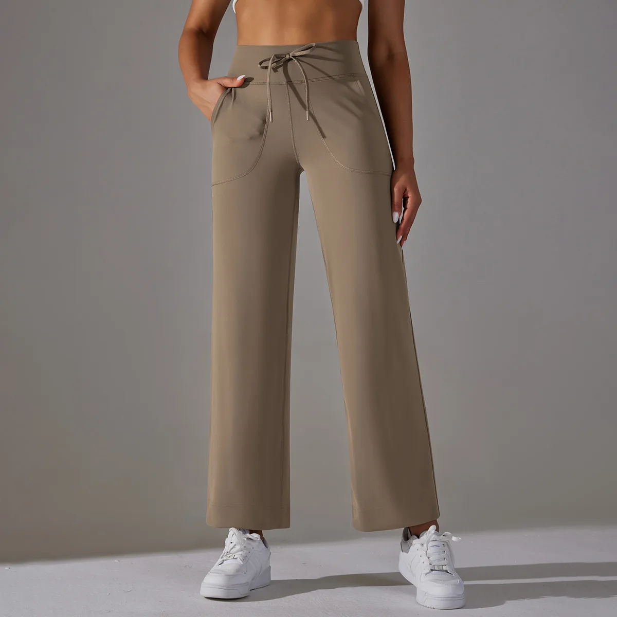 Wide Leg Pants With Pockets Drawstring Push-up Sports Trousers