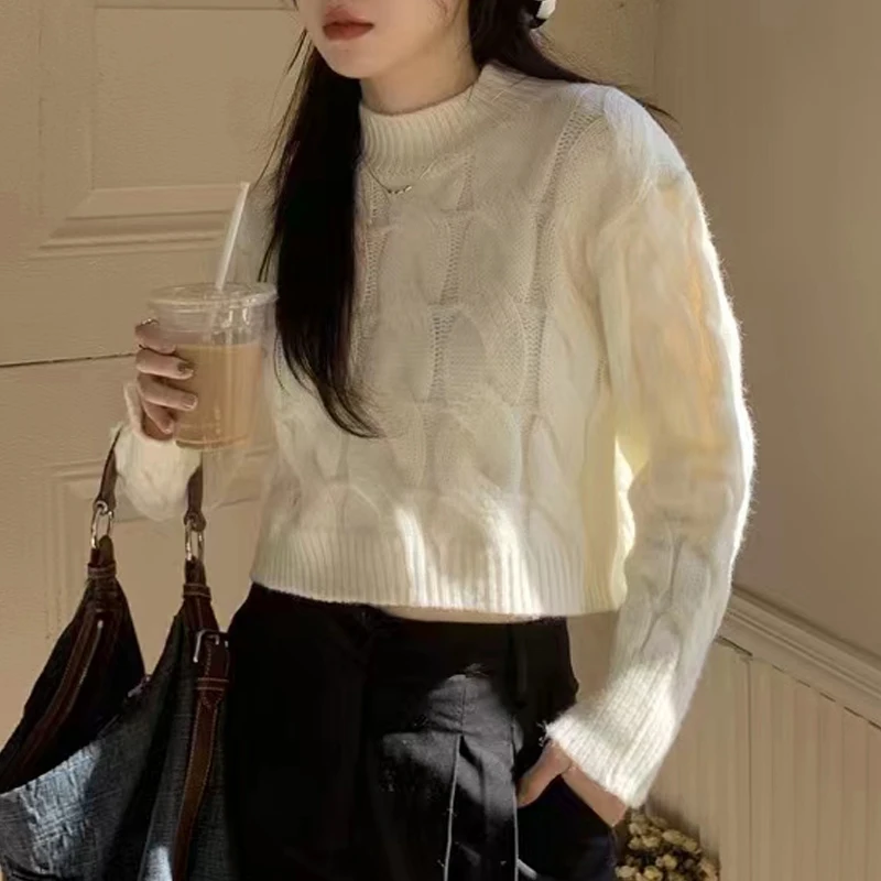 

Fashion Women Clothes Korean Knitted Pullover Autumn Winter Half Turtleneck Twist Cropped Sweater Casual Long Sleeve Tops 28867