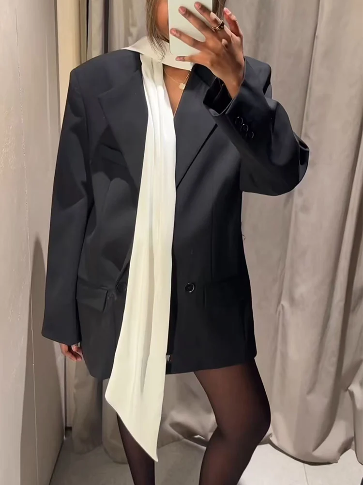 Spring New Women Elegant Blazer Fashion Scarf Collar Long Sleeve Button Up Black Whiter Contrast Color SuitJacket Fashion Loose
