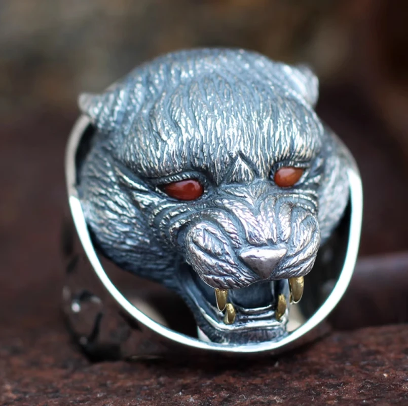 925 Sterling Silver & carnelian bear Men's big ring rings jewelry A6369