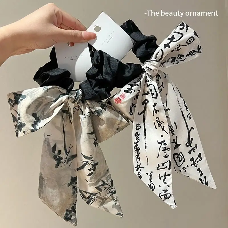 New Chinese Style Bow Ribbon Large Intestine Hair Band Elegant Calligraphy Hair Band Rubber Band Female Ponytail Head Rope Hair shou jin ti copybook chinese hard pen basic strokes calligraphy copy copybooks song huizong regular script calligraphy copybooks
