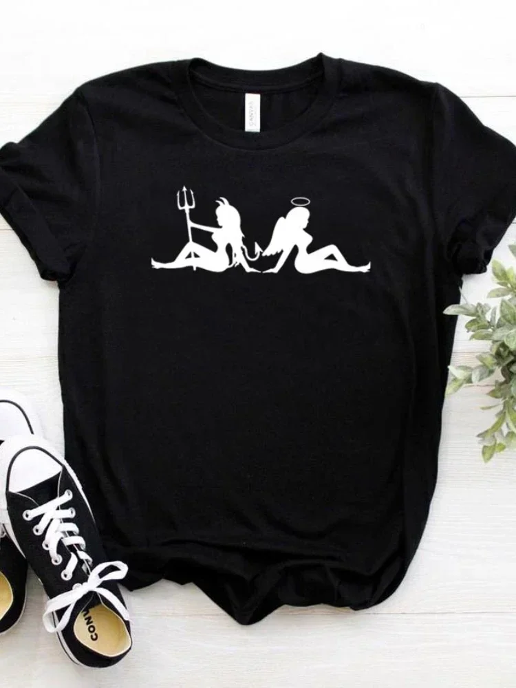 

Женская футболка с принтом дьявола или ангела, свободная повседневная футболка с коротким рукавом и круглым вырезом, модель y2k, 2024