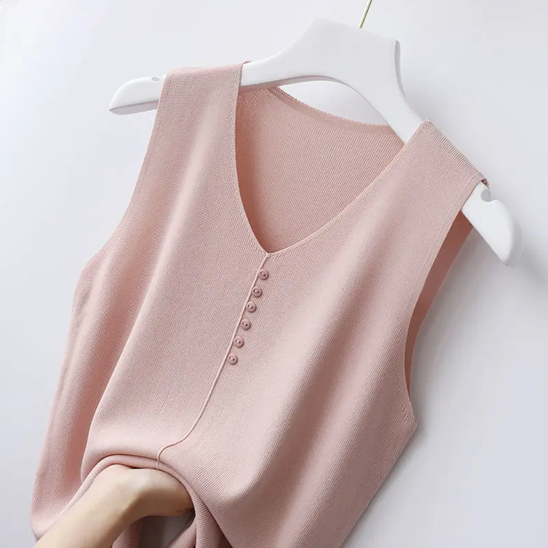 

Big Size Koreon Fashion Women Clothing Sleeveless Tank Top Summer Casual Pink Tees Vest Female Basic V-Neck Slim Knitted Tops