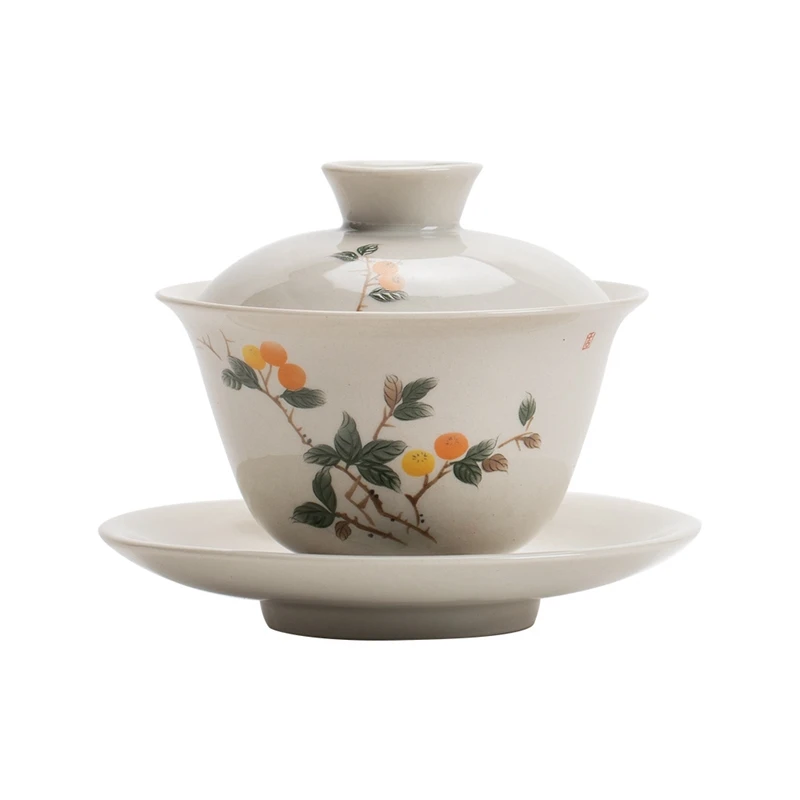 Grass and Wood Ceramic Gaiwan, Retro Brewing, Covered Bowl, Kung Fu Tea Set, Household Ceremony Pot, Landscape, Retro Style