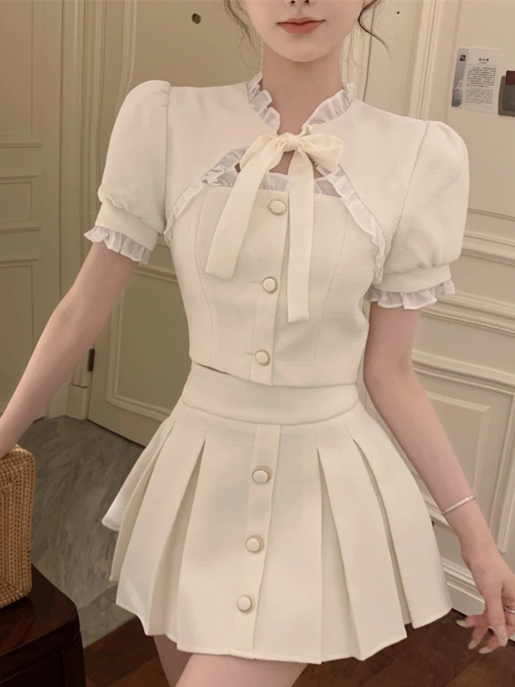 

Summer France Elegant Two Piece Set Women Korean Designer Bow Sweet Mini Skirt Suit Female Office Lady Solid Casual Set 2023 New