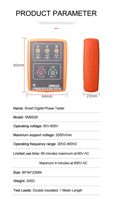 Tester Fase Elettrico SM852B - Per Sequenza Fasi 3~, 60-600V, Con Morsetti E Cicalino - Foto 3