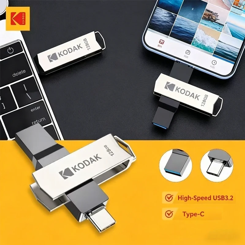 KODAK K273 USB3.2 유형 C 듀얼 플래시 드라이브 256GB 128GB 64GB 펜드라이브 고속 금속 회전식 휴대폰 노트북용