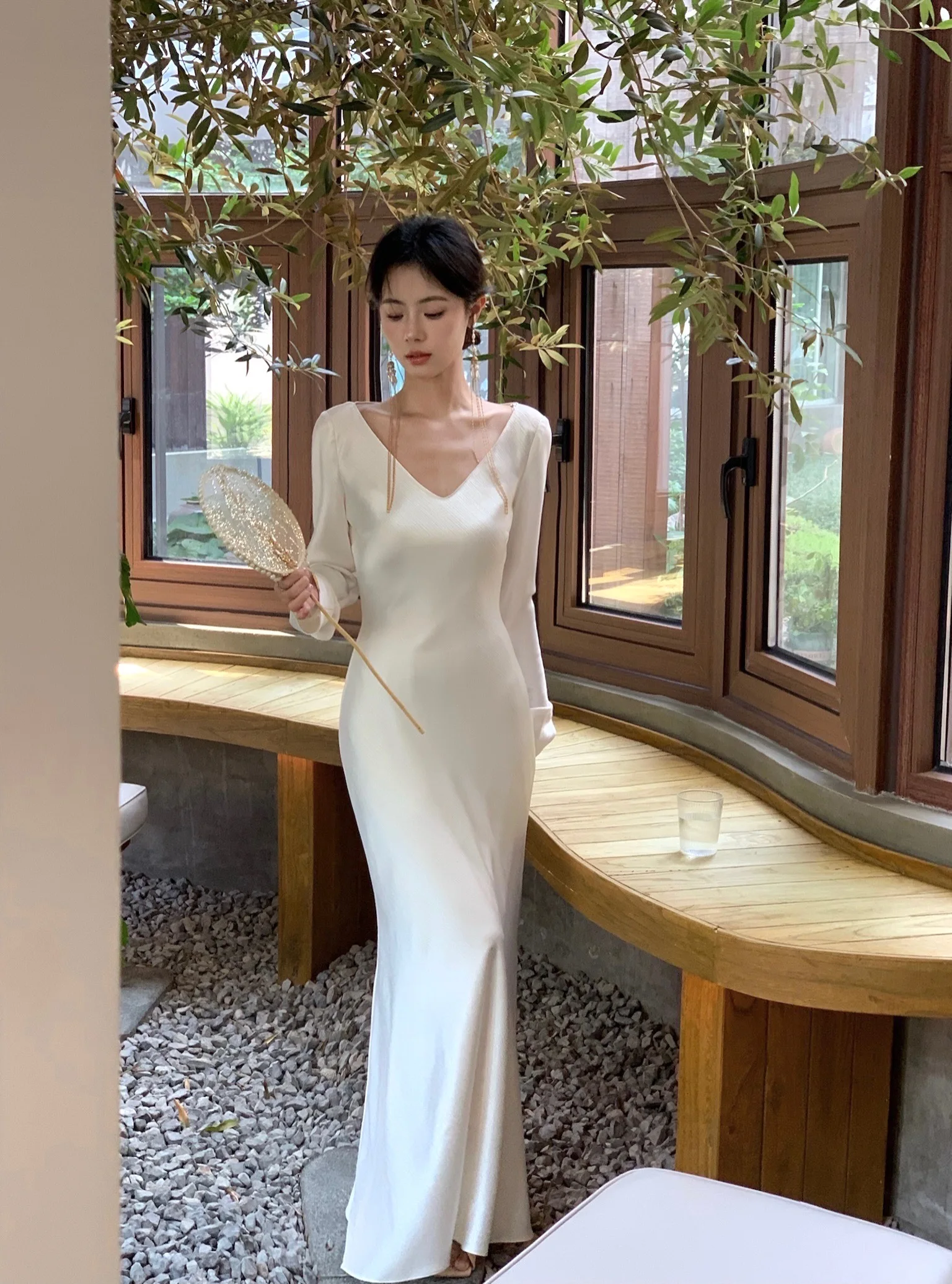 Vestidos largos de satén de otoño para mujer, vestido de fiesta de noche para boda, vestido de graduación, vestido de sirena de una pieza con cuello en V y mangas largas