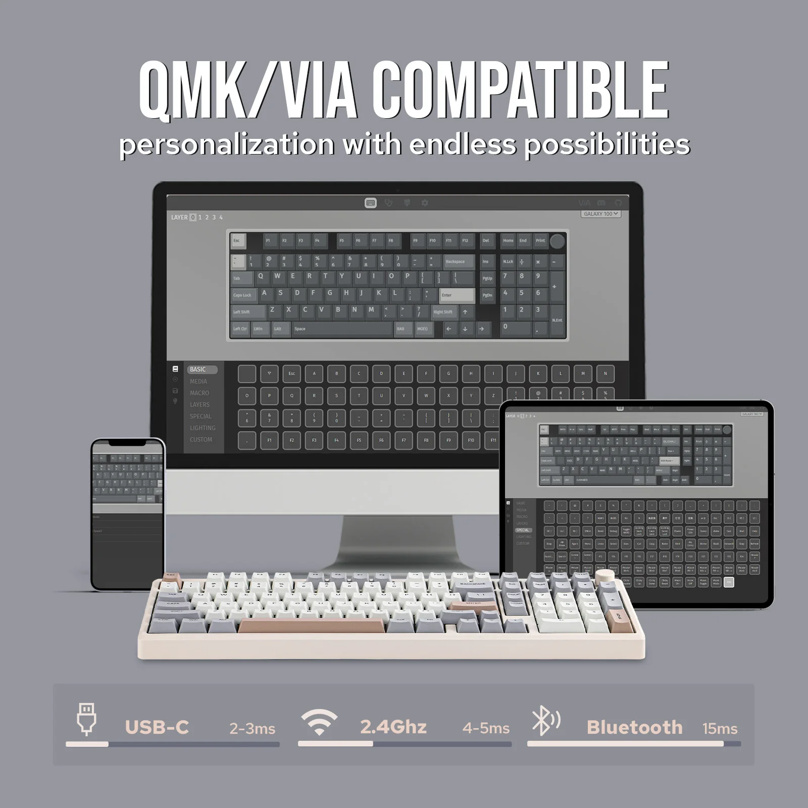 EPOMAKER Galaxy100 1800 ANSI US 레이아웃 핫스왑 가스켓 마운트 트라이 모드 무선 알루미늄 기계식 게이밍 키보드