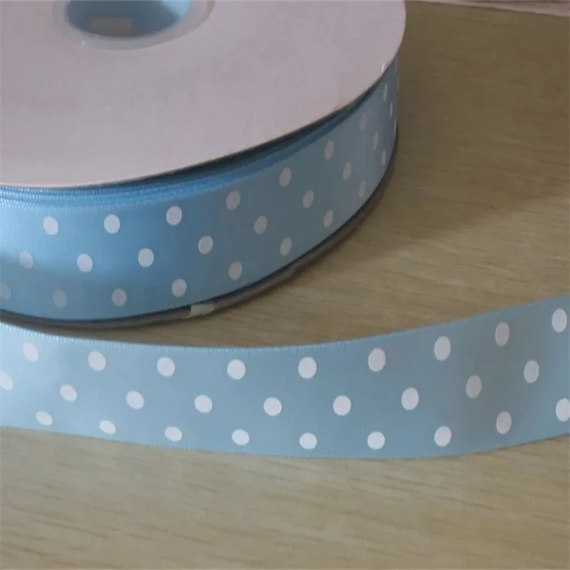 Satin Ribbon for Gift Hair Bows, Light Blue Dots, Printed Ribbon, Polyester, 22mm, SR308
