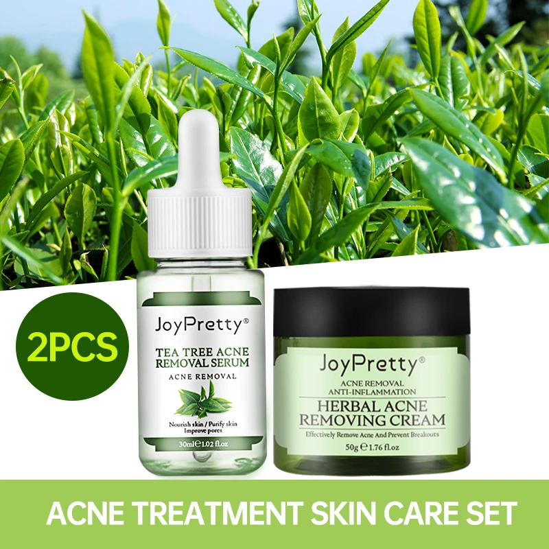 JoyPretty Herbal Skin Care Set Acne Face Cream Tea Tree Serum Treatment Pimple Removal Moisturizing Facial Products Kits 2PCS
