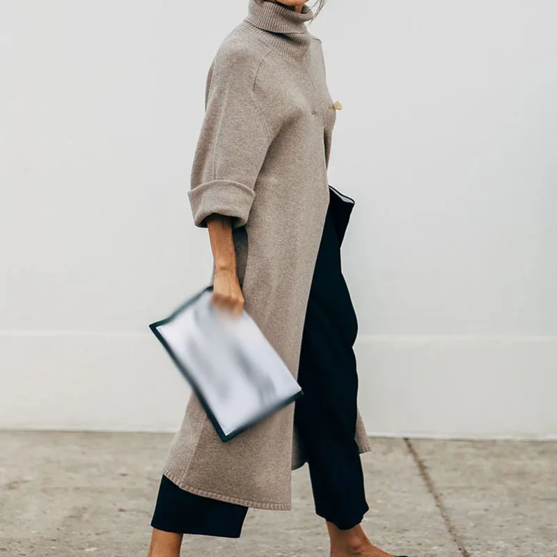 

New Turtleneck Knitted Pullover 2023 Casual Lady Commuter High Split Straight Sweater Fashion Streetwear Loose Solid Sweater Top