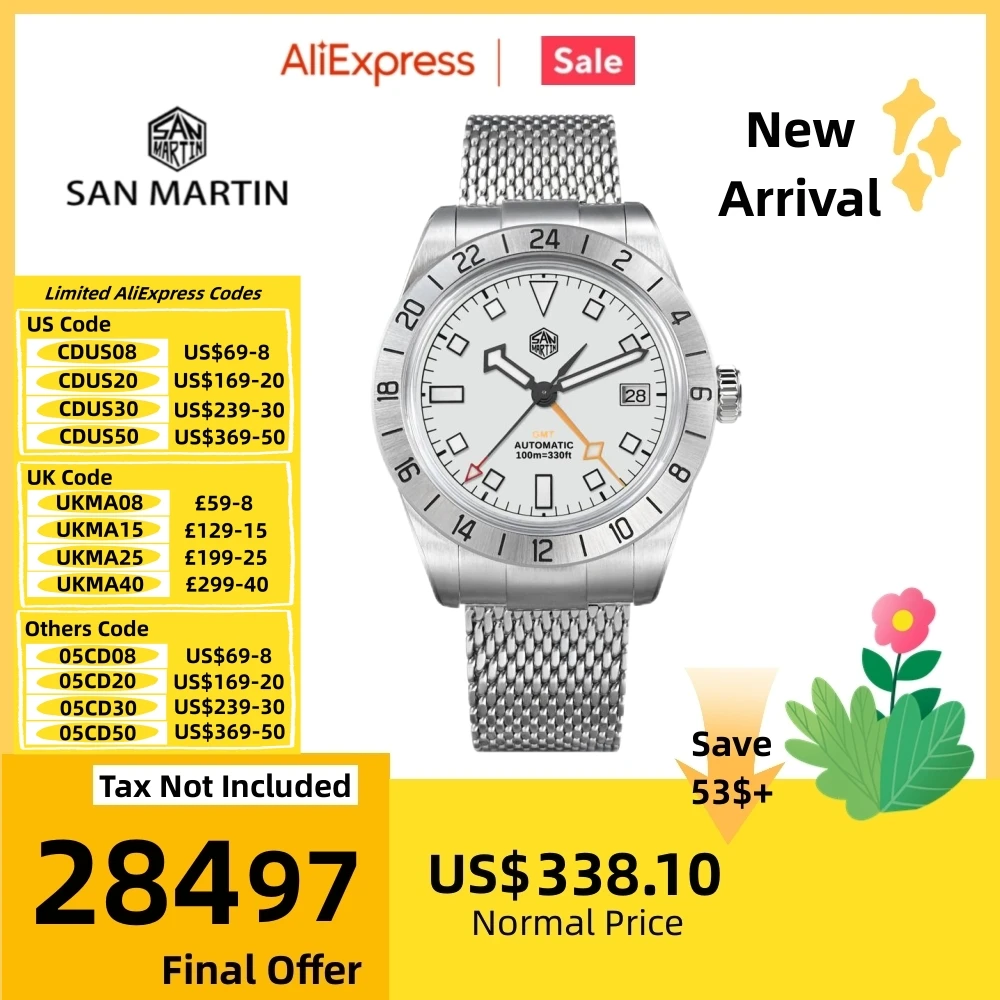 

San Martin NH34 GMT Automatic Watch 39mm Luxury Wrist Clock Mesh Bracelet Quick Adjust Clasp 100m Waterproof Sapphire SN0135