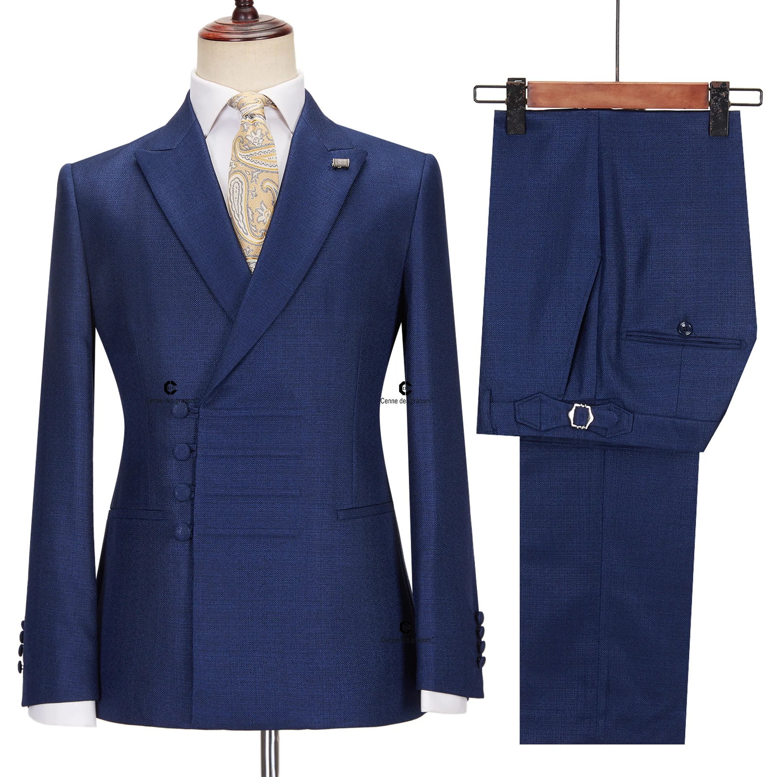 Cenne Des Graoom New Vintage Blue Suits for Men Chinese Knot Button monopetto Peak risvolto giacca e pantaloni 2 pezzi Set Office