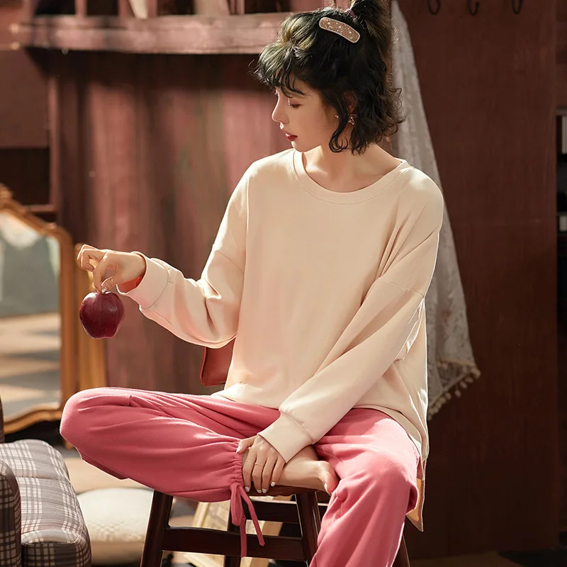 

Pajamas Women's Spring Autumn Pure Cotton New Pure Color Leisure Round Neck Long Sleeve Trousers Home Clothes Loungewear Pjs